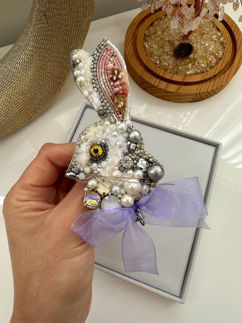 Beaded brooches “White Rabbit” with purple bow. Handmade designer brooch. High quality accessories. Unique design brooch.