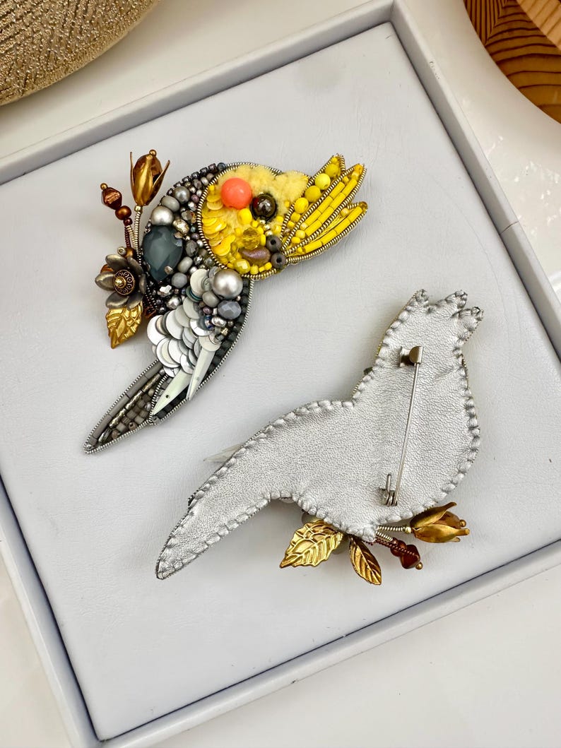 Hand-embroidered brooch Yellow Parrot Handmade designer pin brooch. Handmade gift Beaded brooch Handmade Birthday Gift for her (one brooch)