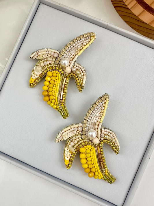 Hand-Embroidered BANANA BROOCH - Unique HANDMADE Designer Pin, Beaded Christmas Gift for Her, Ideal for Adding Style & Charm to Any Outfit