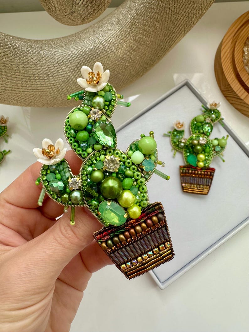 Hand-embroidered brooch Green Cactus Handmade designer pin brooch. Handmade gift Beaded brooch Handmade Christmas Gift (one brooch)